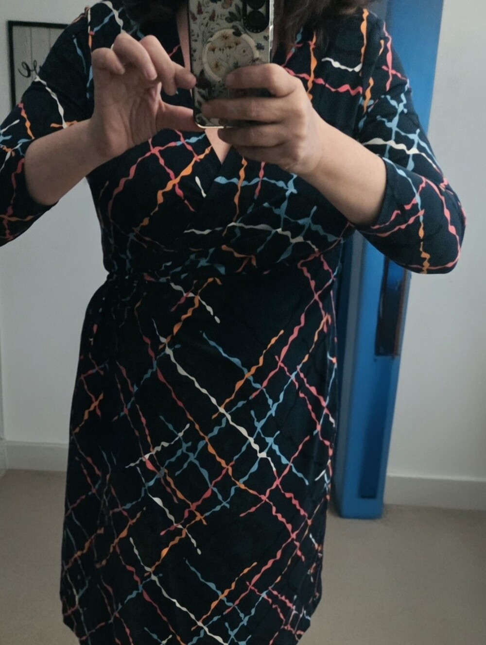 Anne Klein Black Faux-Wrap Dress with Pink, Blue and Orange Chain Print - Picture 7 of 7